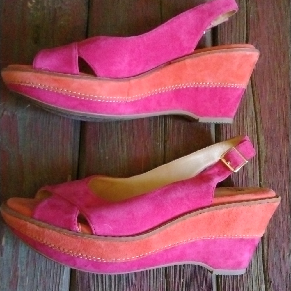Sofft Pink and Orange Suede Wedge Sandals - Picture 7 of 8